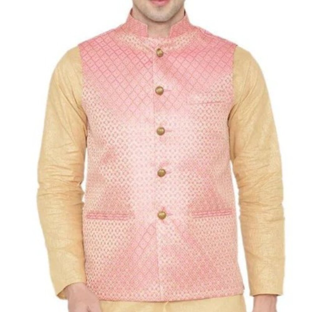 Banarasi Rayon Cotton Pink Modi Nehru Jacket